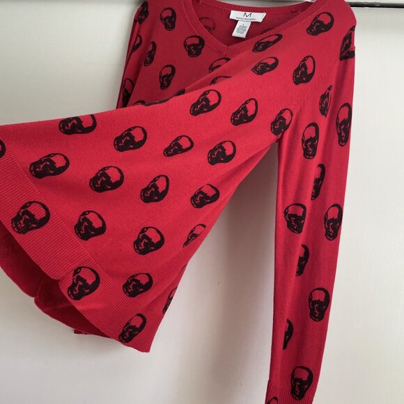 Magaschoni Red + Black Skull Cashmere Blend V Neck Sweater Size L - Picture 5 of 11